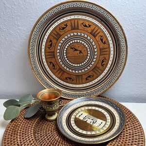 Vintage Greek Key Design Metal Decorative Tray Plate Vase Set Copper Gold Black